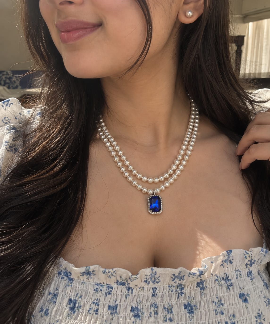 Sapphire pearl necklace set