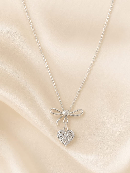 Silver heart bow pendant necklace