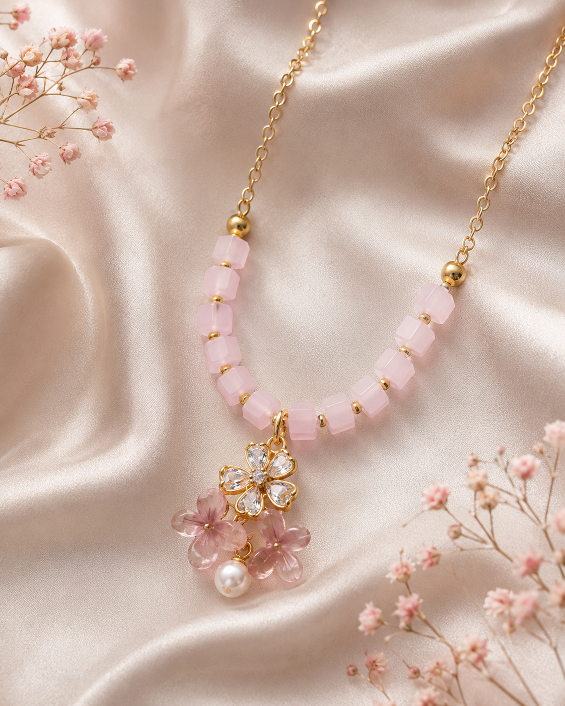 Pink beaded floral pendant necklace