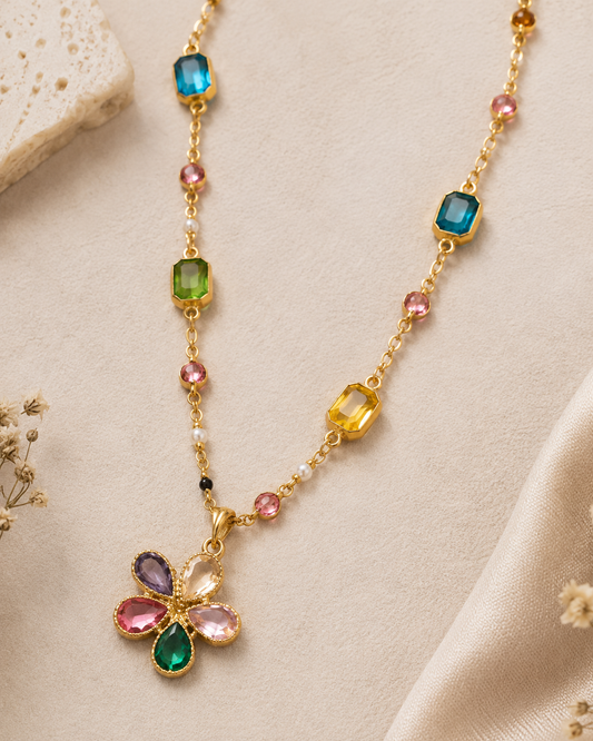 Rainbow crystal flower pendant necklace