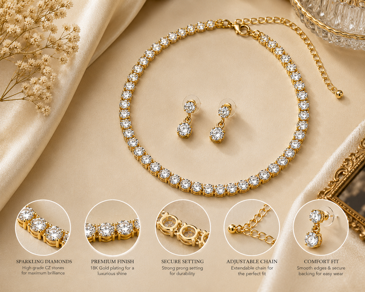 Solitaire tennis necklace and earrings set