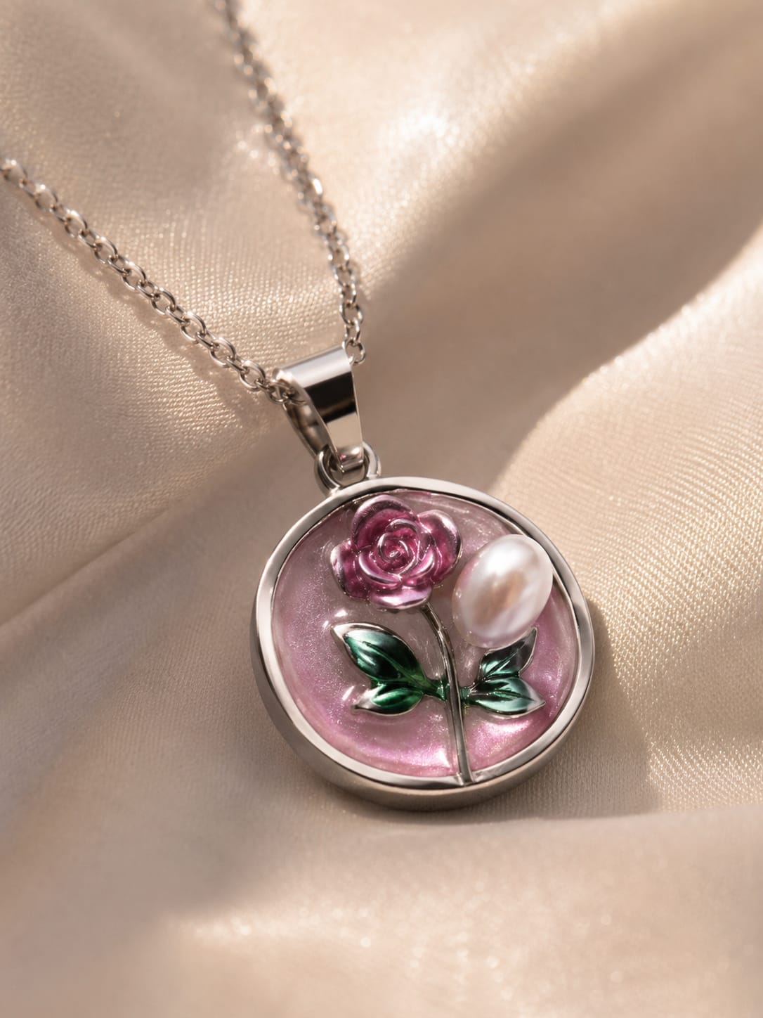 Pink rose pendant necklace