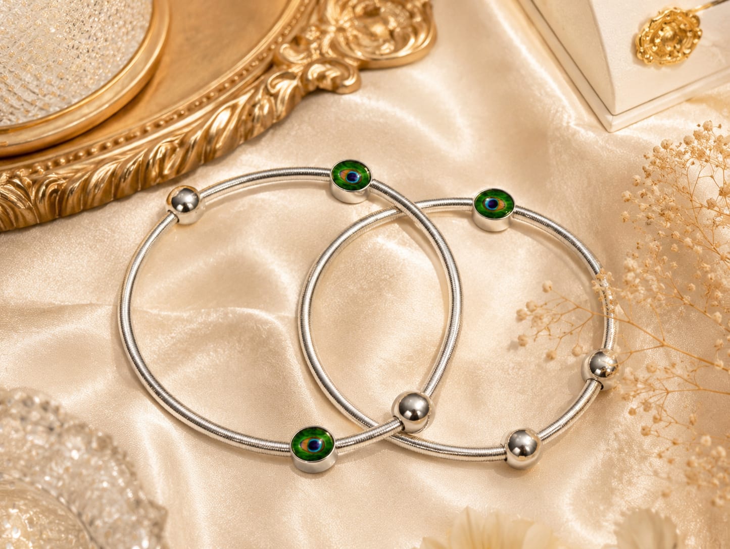 Peacock crystal silver anklet