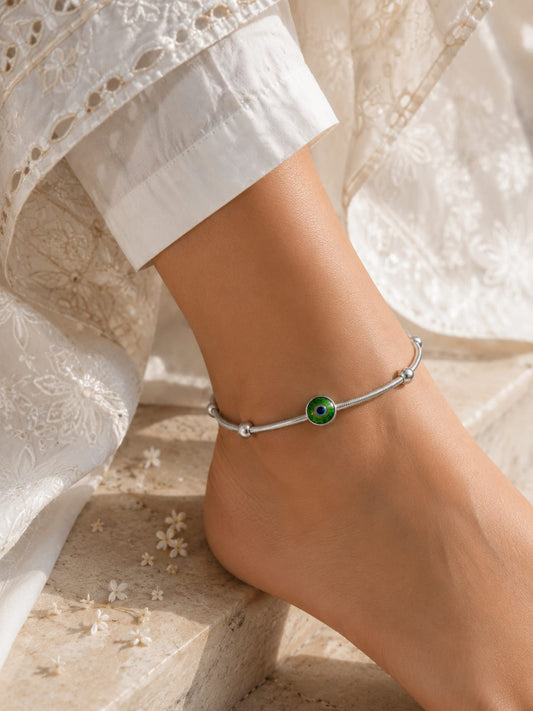 Peacock crystal silver anklet
