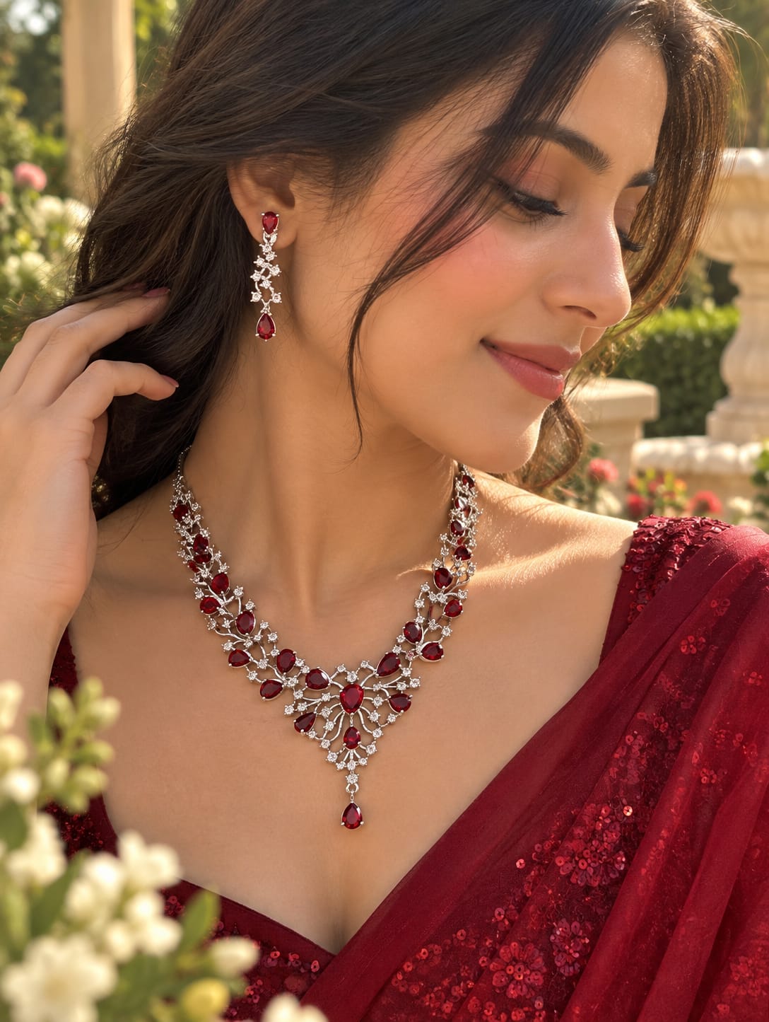 Ruby cascade American Diamond Necklace set