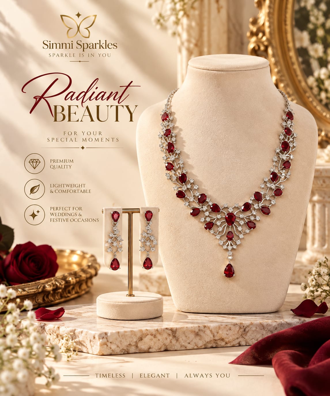 Ruby cascade American Diamond Necklace set