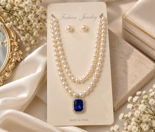Sapphire pearl necklace set