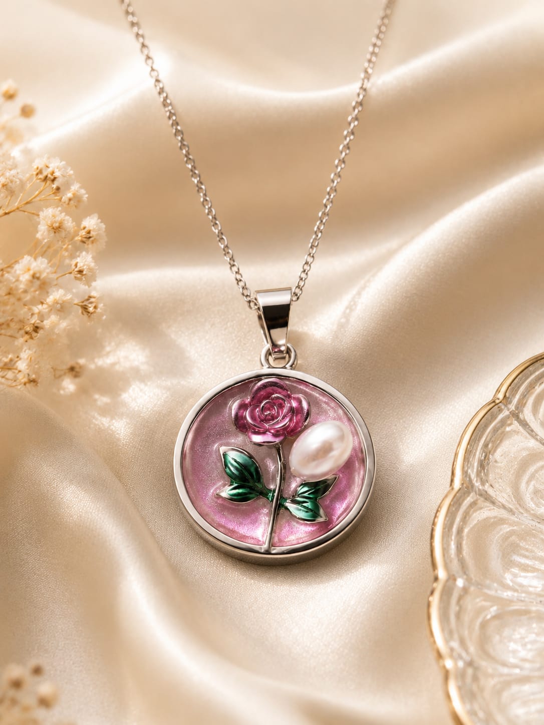 Pink rose pendant necklace