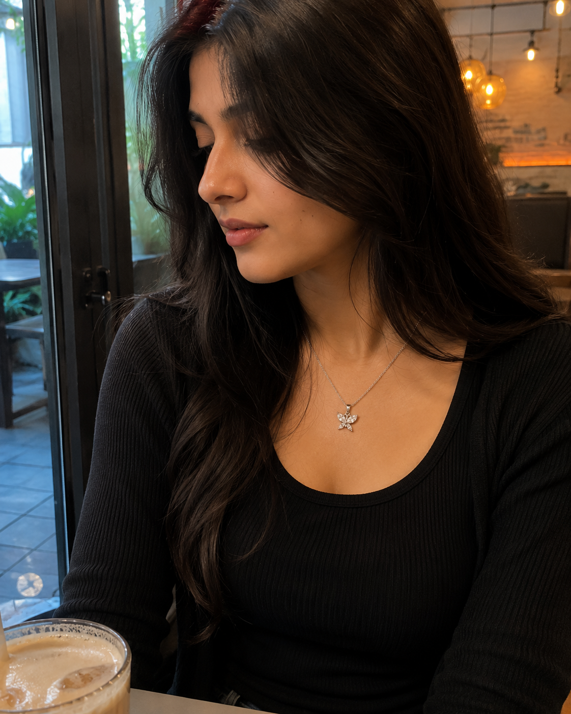 Silver crystal butterfly pendant necklace