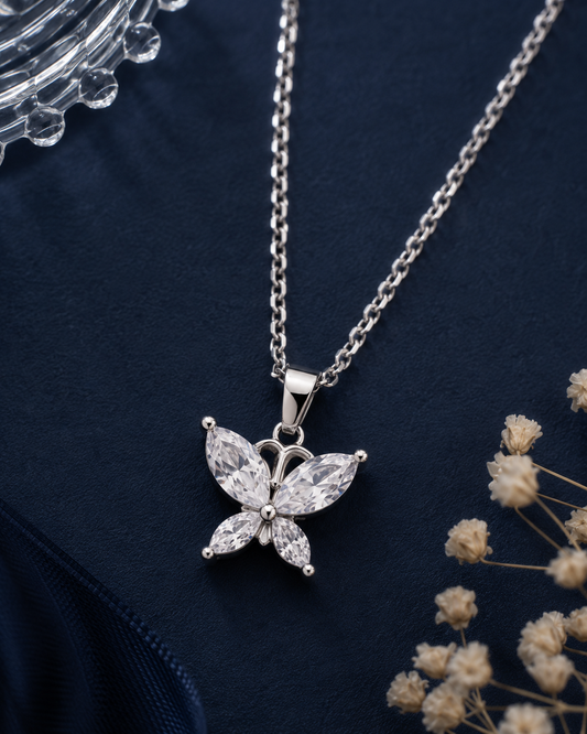 Silver crystal butterfly pendant necklace