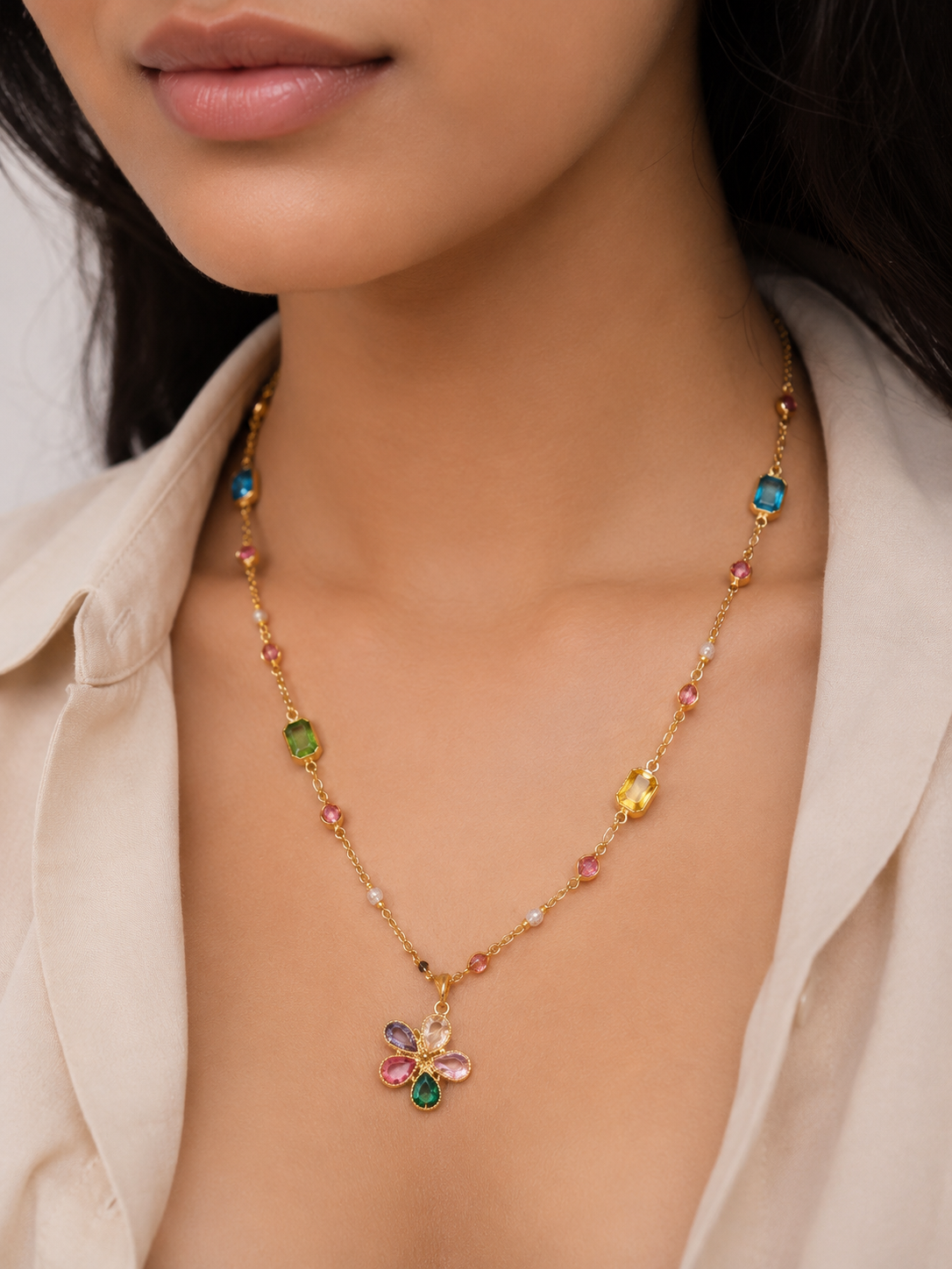 Rainbow crystal flower pendant necklace