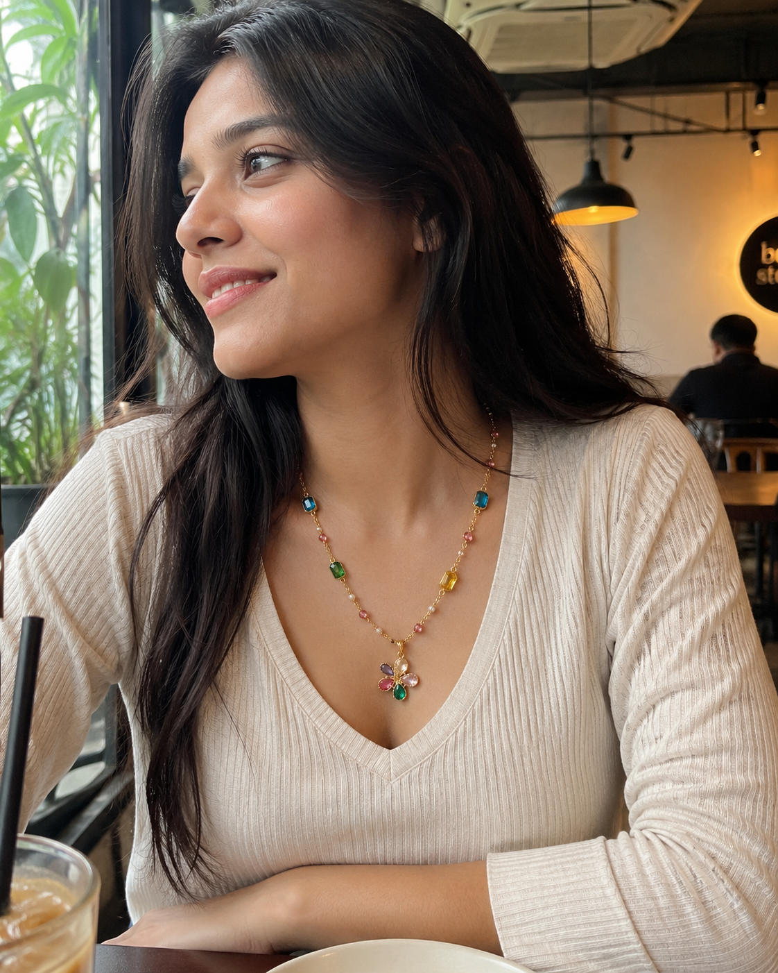 Rainbow crystal flower pendant necklace