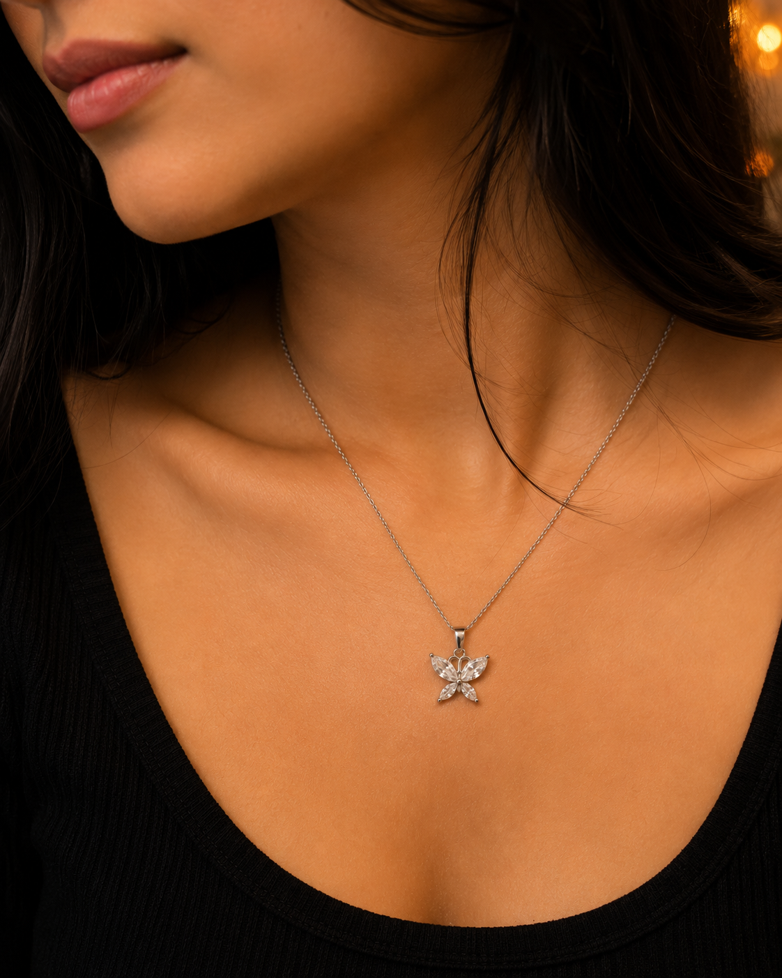 Silver crystal butterfly pendant necklace