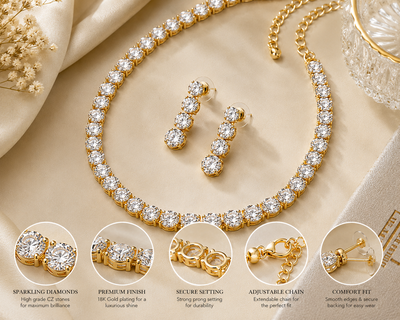 Solitaire tennis necklace and earrings set